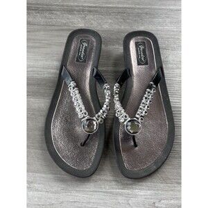 GRANDCO SANDALS BLACK Size 10 Dressy Beach Pool THONG BLING Jewels Beads